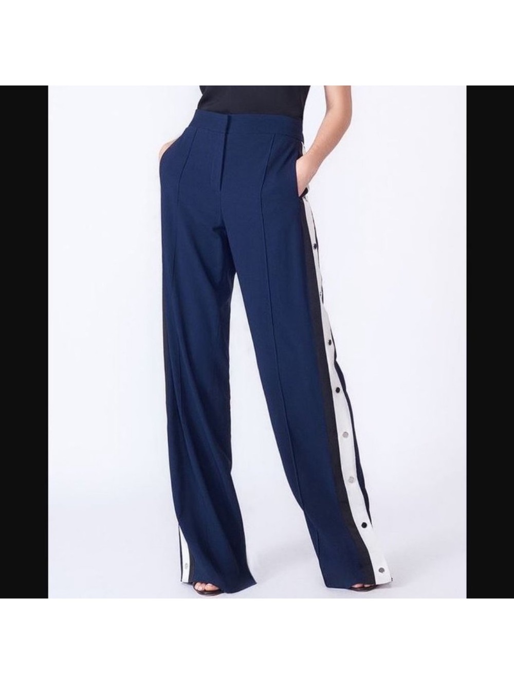 Veronica Beard Navy Wide-Leg Pants with White Snap Side Stripe